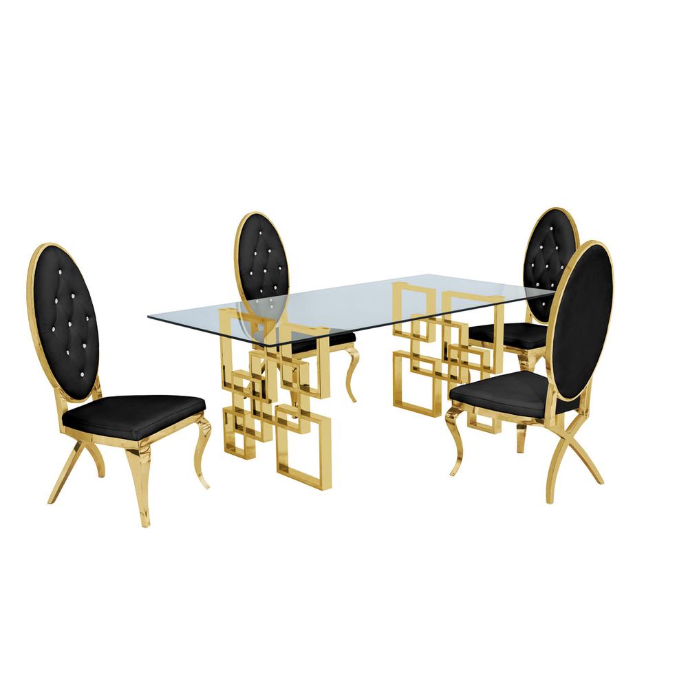 Classic 5 Piece Dining Set With Glass Table Top and Stainless Steel Legs w/ Tufted Faux Crystal, Black. Picture 1