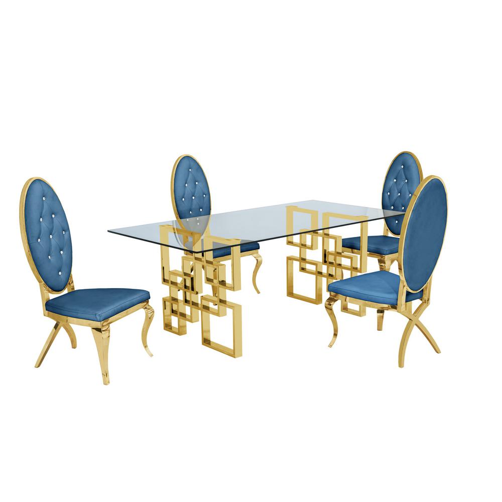 Classic 5 Piece Dining Set With Glass Table Top and Stainless Steel Legs w/ Tufted Faux Crystal, Teal. Picture 1
