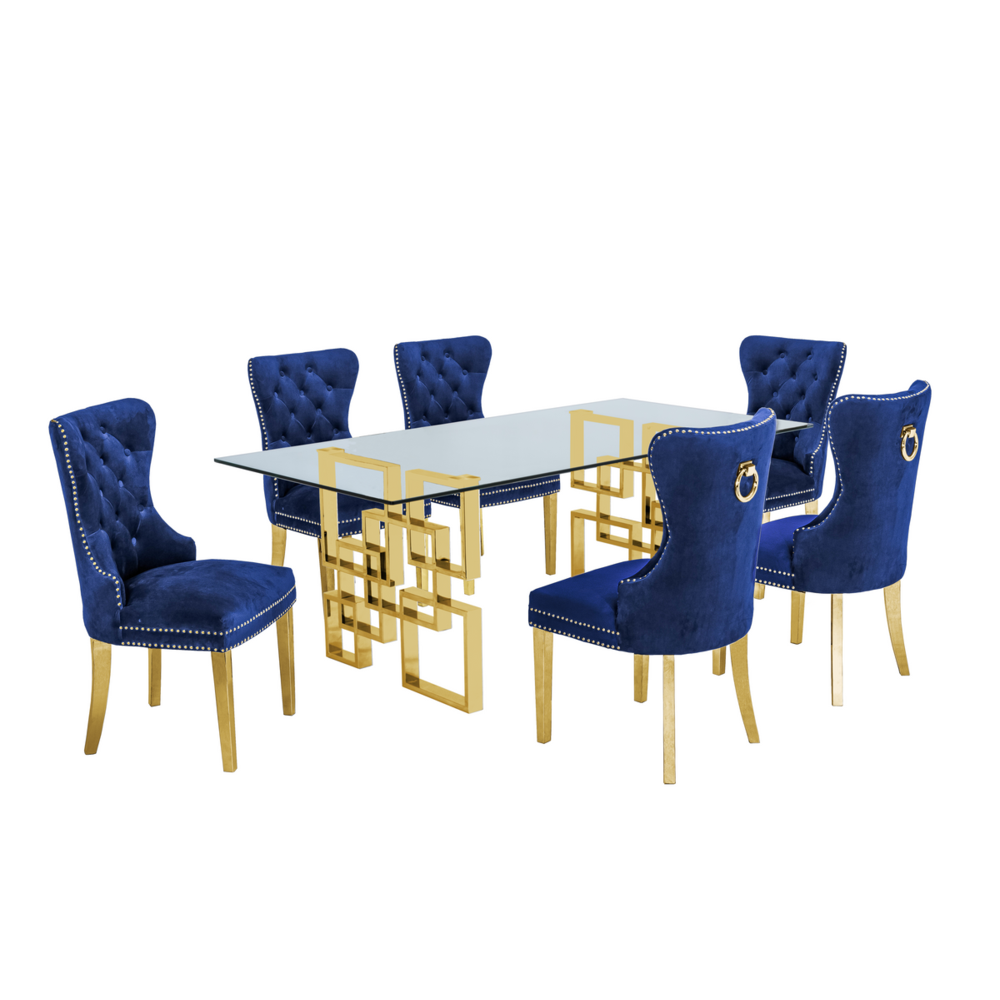 Classic 7 Piece Dining Set With Glass Table Top & Stainless Steel Legs w/Ring Handle, Navy Blue. Picture 1