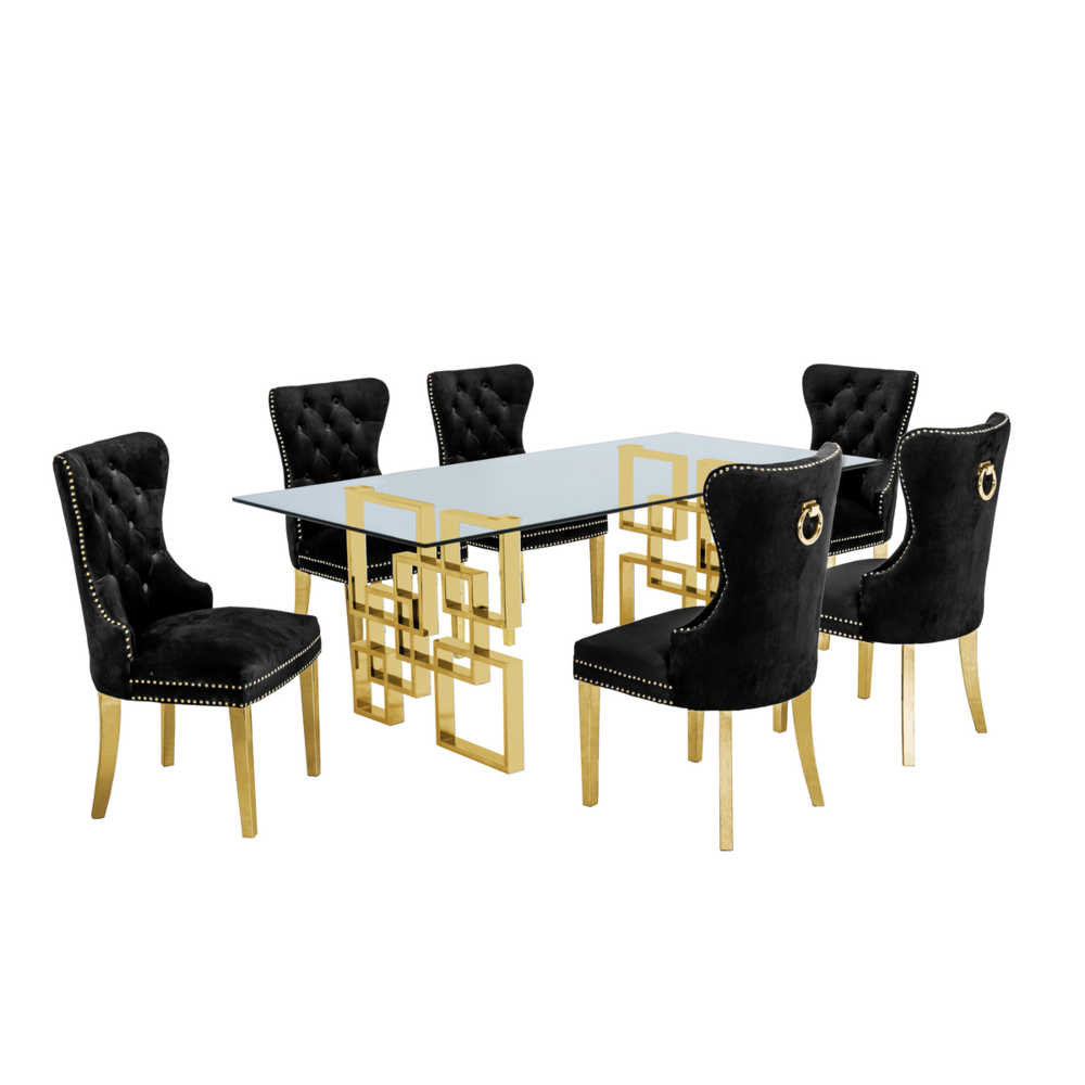 Classic 7 Piece Dining Set With Glass Table Top & Stainless Steel Legs w/Ring Handle, Black. The main picture.