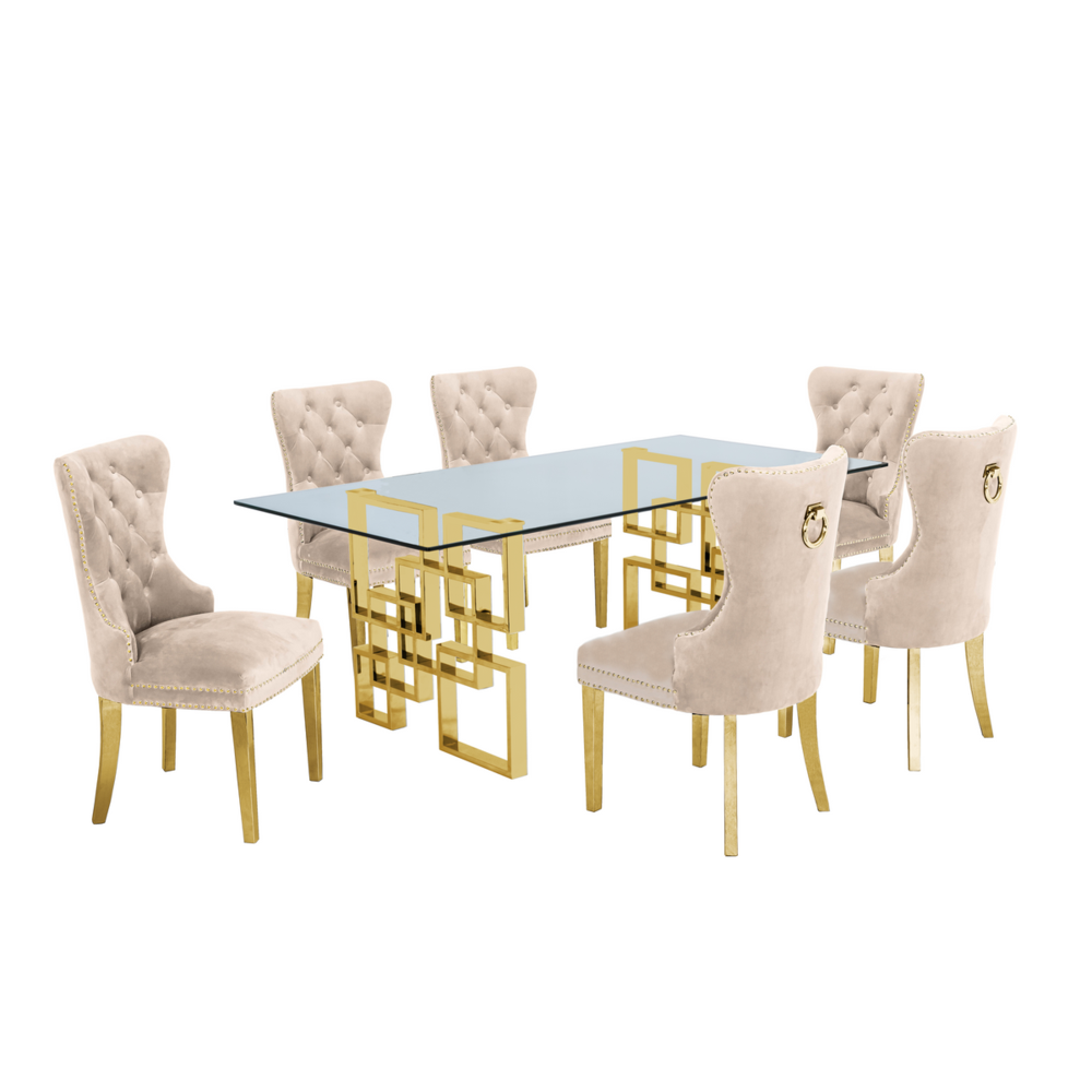 Classic 7 Piece Dining Set With Glass Table Top & Stainless Steel Legs w/Ring Handle, Beige. Picture 1