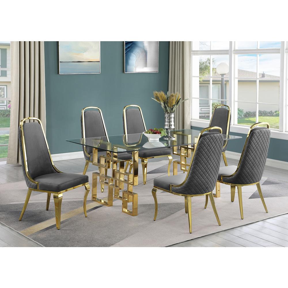 7-piece glam dining set with 6 Dark grey chairs and one 79" glass dining table. Picture 4