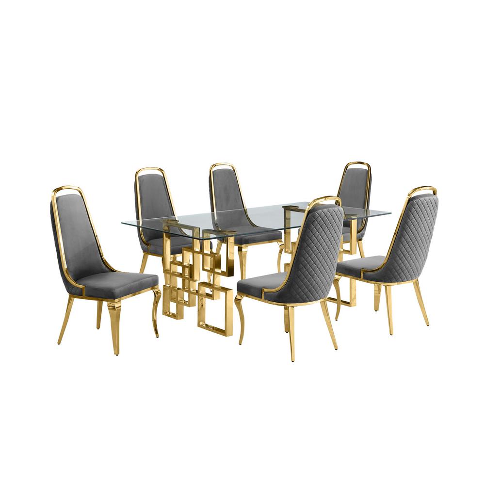 7-piece glam dining set with 6 Dark grey chairs and one 79" glass dining table. Picture 1