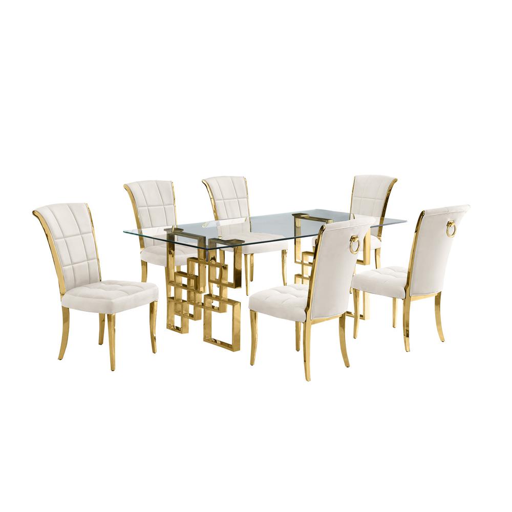 7-piece glam dining set with 6 cream chairs and a 79" long glass  table. Picture 1