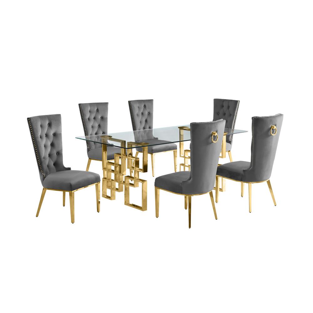 7-piece glam dining set with 6 dark grey chairs and a 79" long glass  table. Picture 1