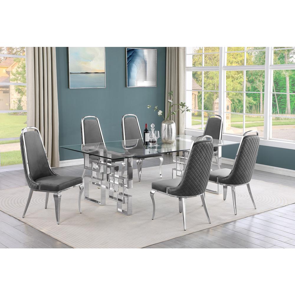 7-piece glam dining set with 6 Dark grey chairs and one 95" glass dining table. Picture 4