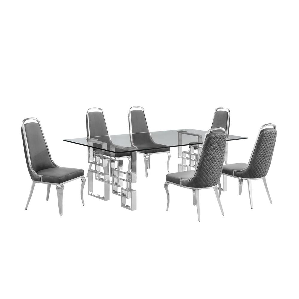 7-piece glam dining set with 6 Dark grey chairs and one 95" glass dining table. Picture 1