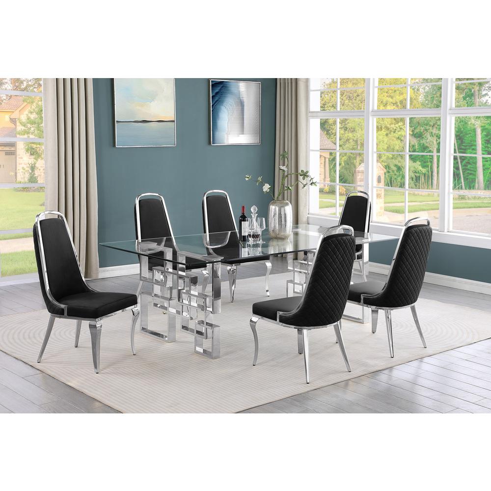 7-piece glam dining set with 6 Black side chairs and one 95" glass dining table. Picture 4