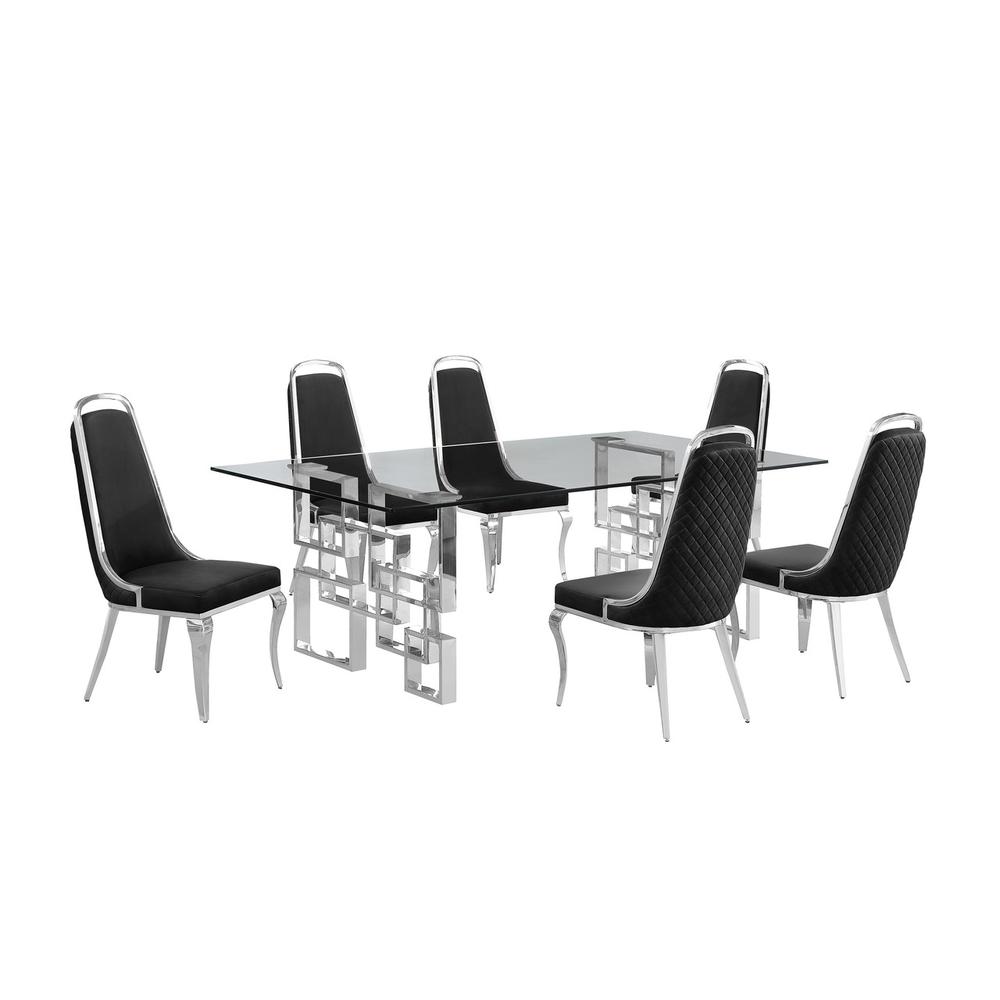 7-piece glam dining set with 6 Black side chairs and one 95" glass dining table. Picture 1