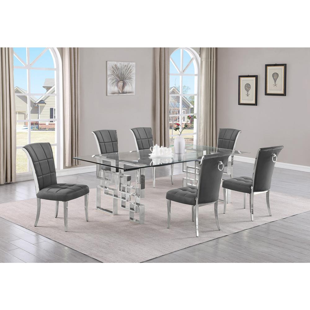 7-piece glam dining set with 6 dark grey chairs and a 95" long glass  table. Picture 4