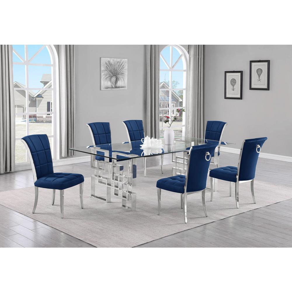 7-piece glam dining set with 6 navy blue  chairs and a 95" long glass  table. Picture 4