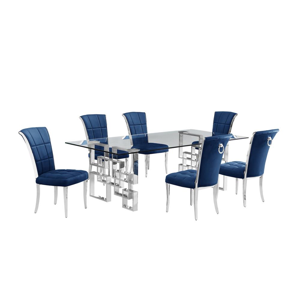 7-piece glam dining set with 6 navy blue  chairs and a 95" long glass  table. Picture 1