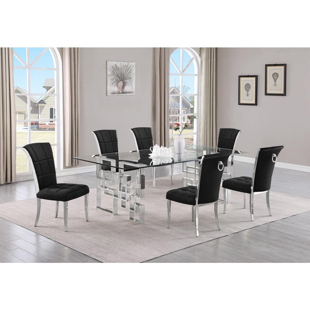 7-piece glam dining set with 6 black  chairs and a 95" long glass  table. Picture 4