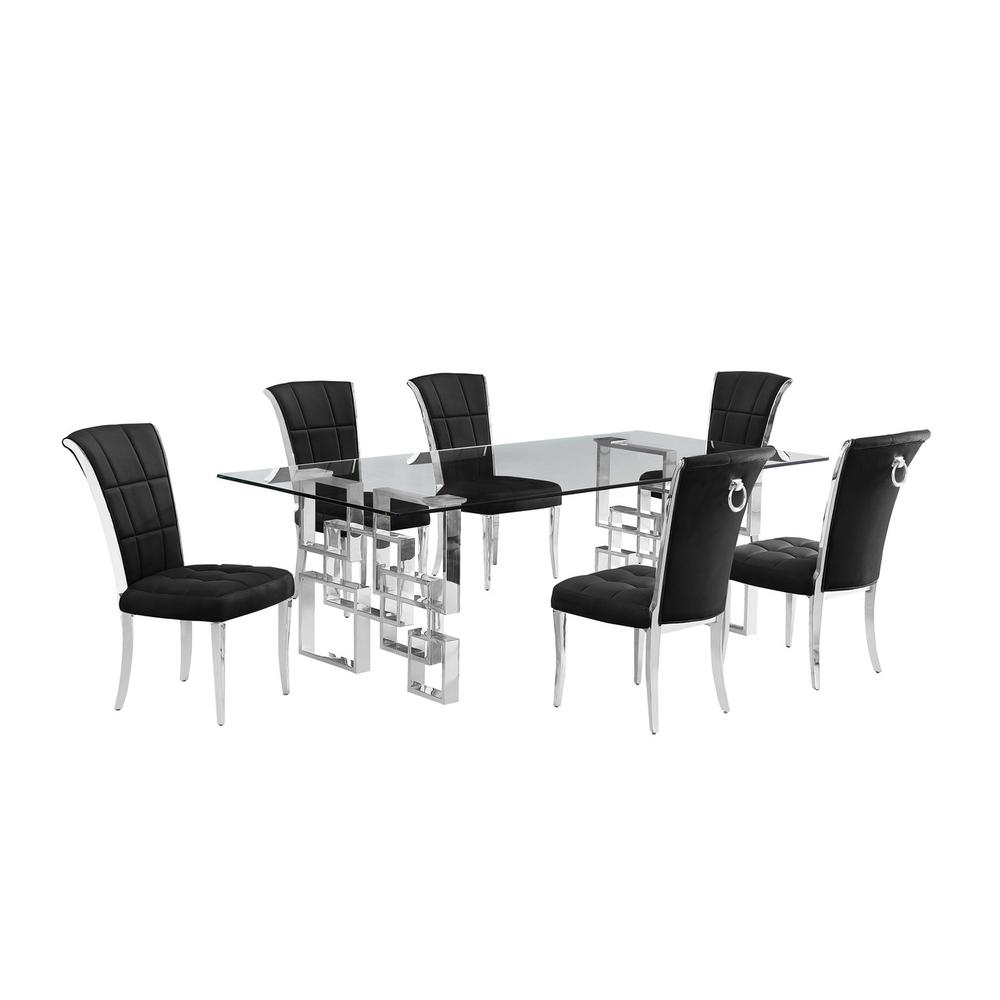 7-piece glam dining set with 6 black  chairs and a 95" long glass  table. Picture 1
