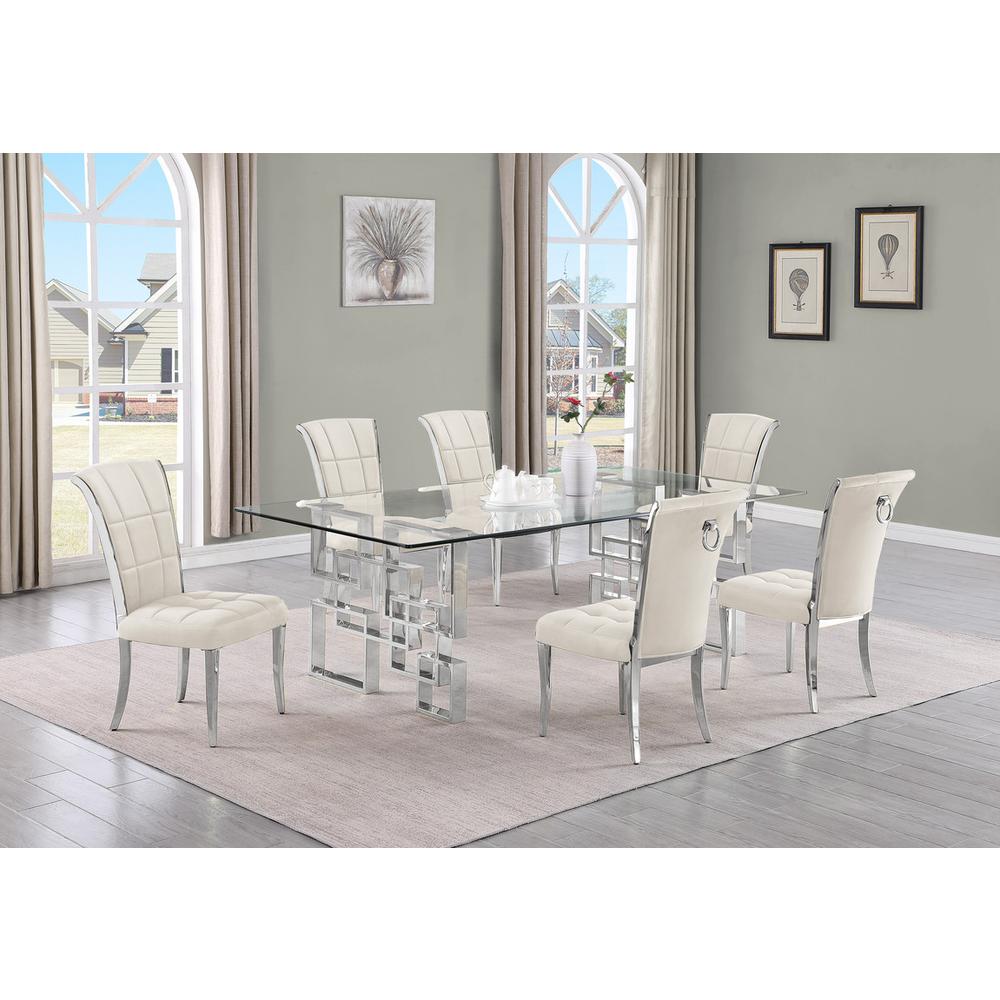 7-piece glam dining set with 6 cream  chairs and a 95" long glass  table. Picture 4