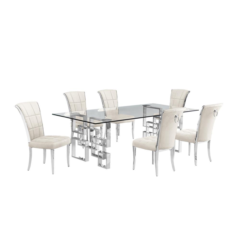 7-piece glam dining set with 6 cream  chairs and a 95" long glass  table. Picture 1