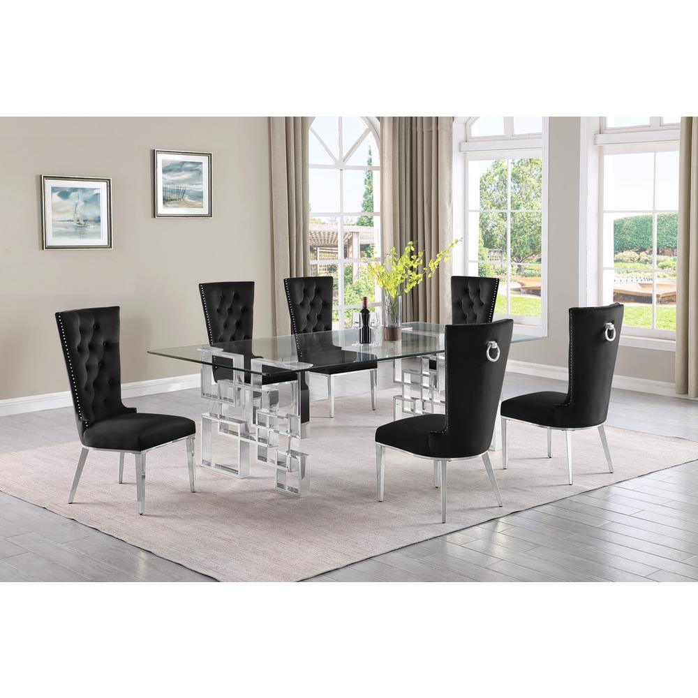 7-piece glam dining set with 6 black chairs and a 95" long glass  table. Picture 4
