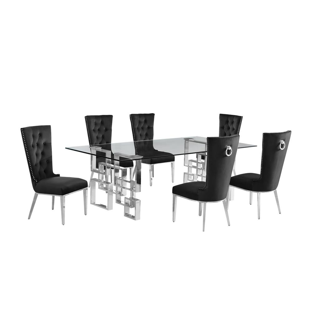 7-piece glam dining set with 6 black chairs and a 95" long glass  table. Picture 1