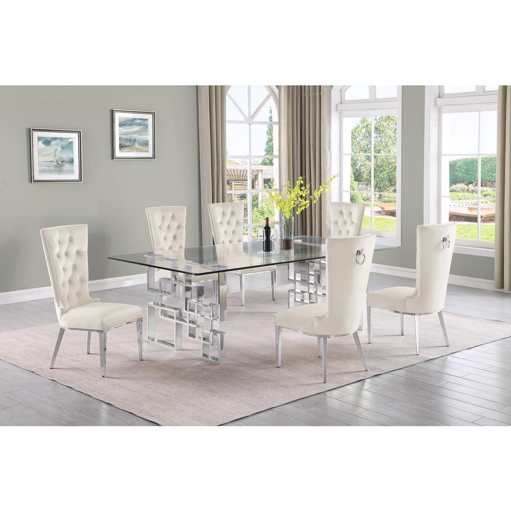 7-piece glam dining set with 6 cream chairs and a 95" long glass  table. Picture 4