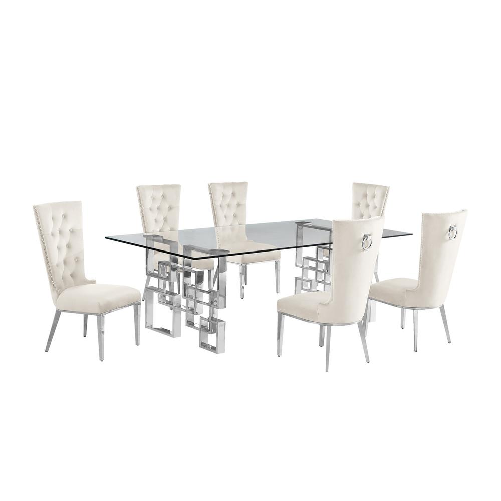 7-piece glam dining set with 6 cream chairs and a 95" long glass  table. Picture 1
