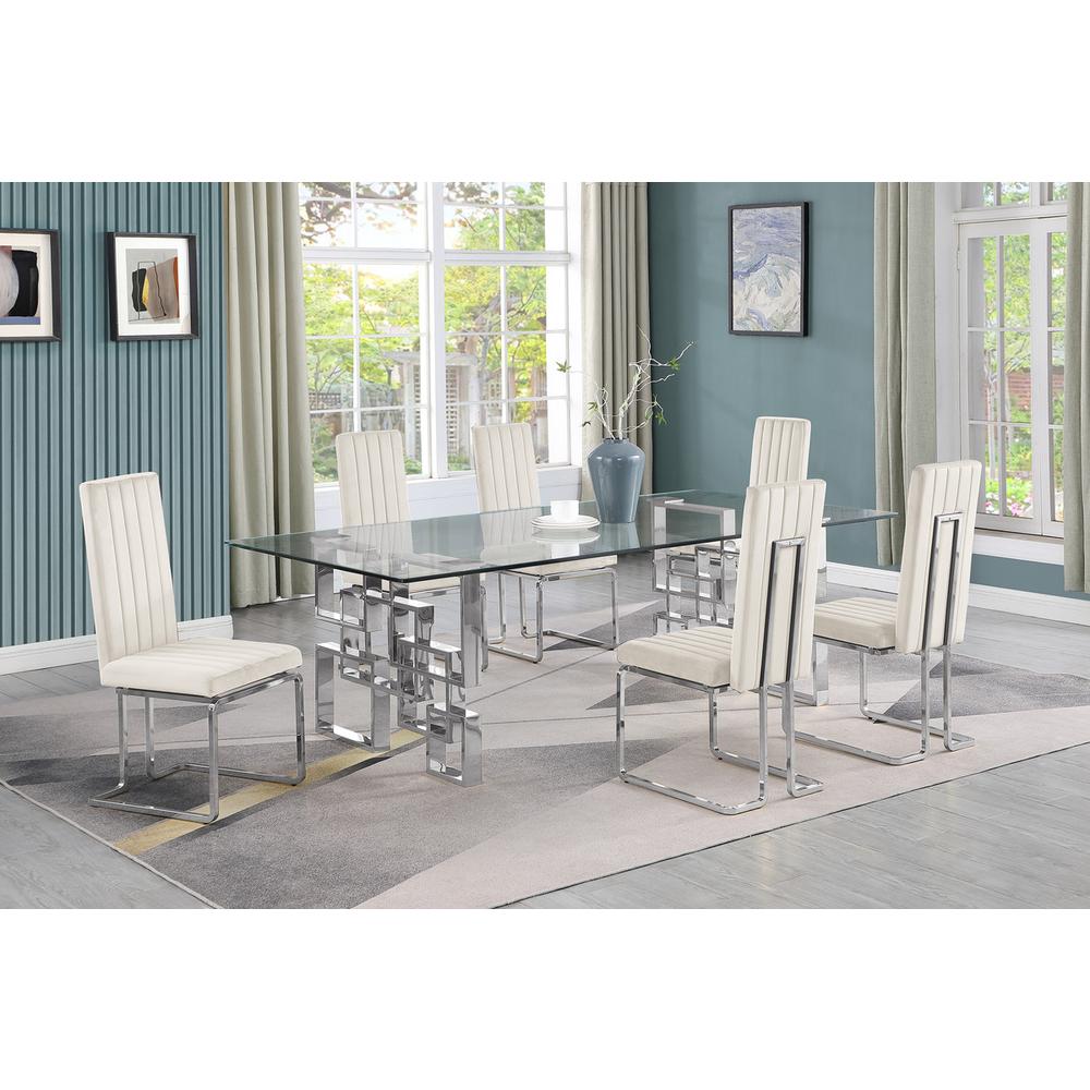 7-piece glam dining set with 6 Cream chairs and one 95" glass  table. Picture 4