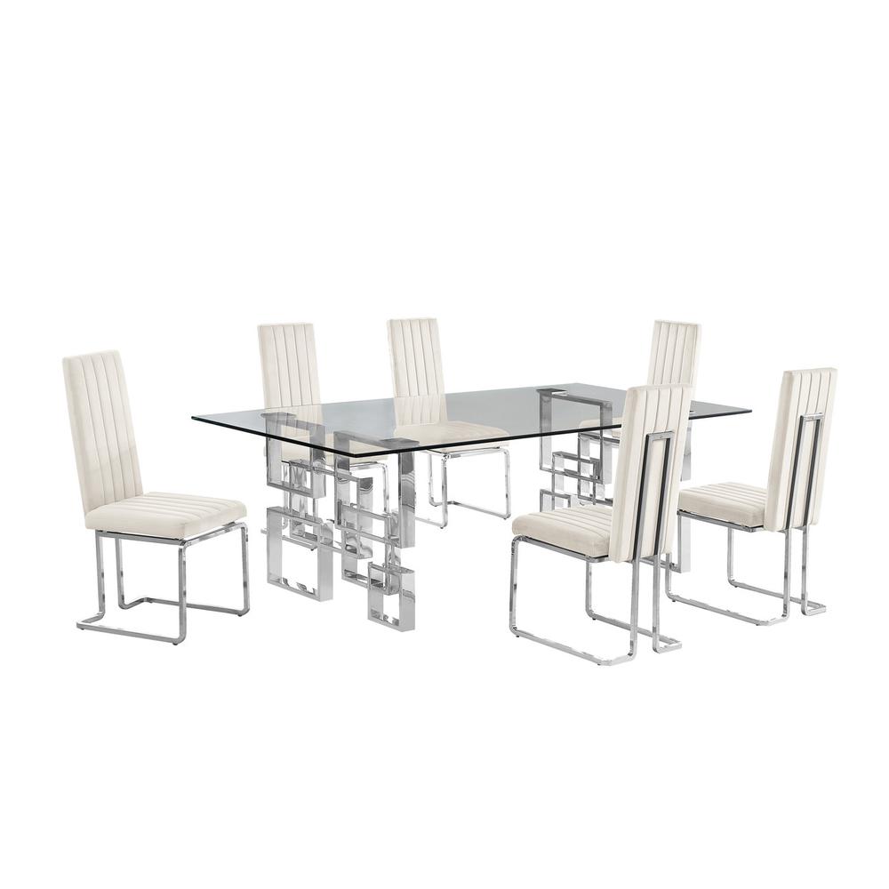7-piece glam dining set with 6 Cream chairs and one 95" glass  table. Picture 1