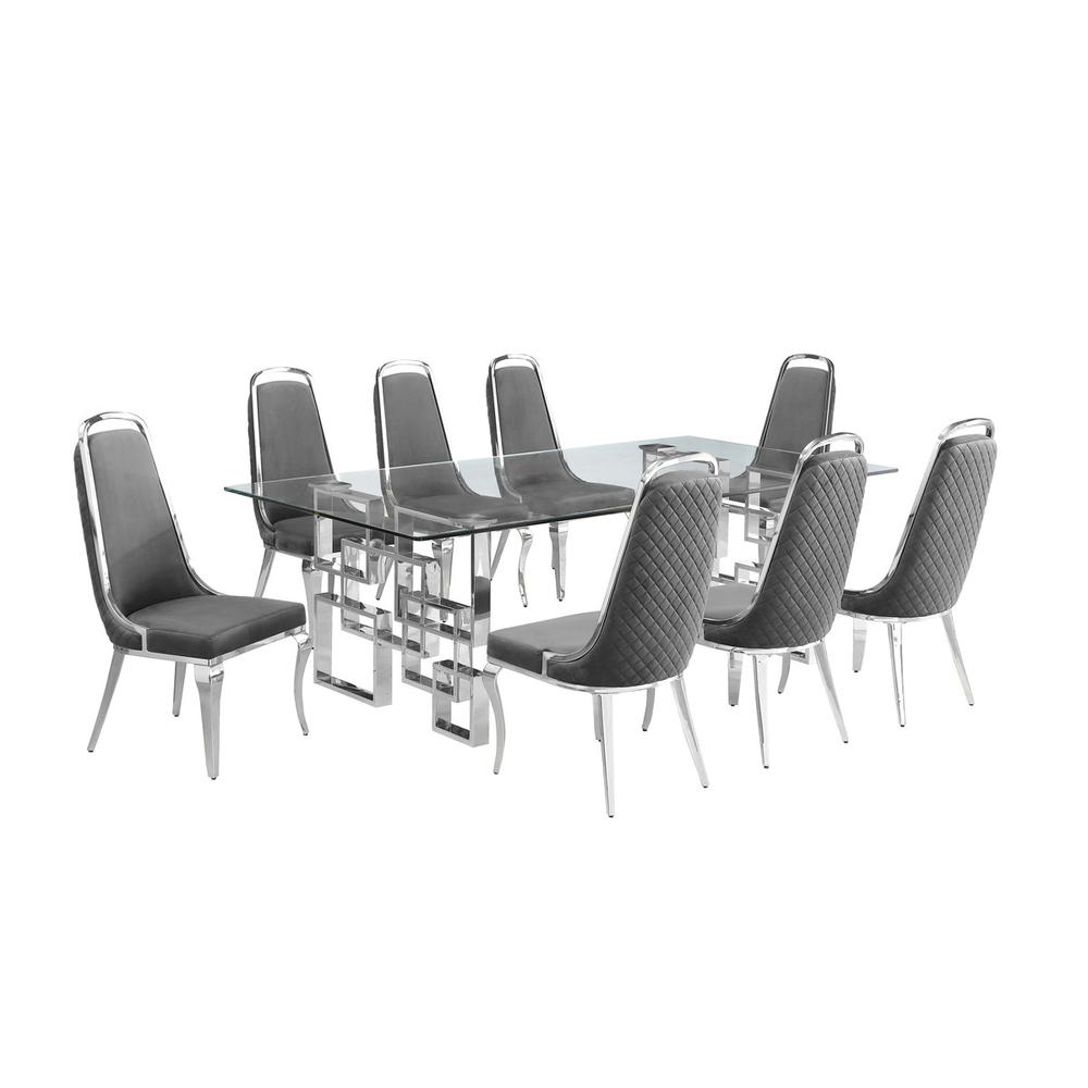 9-piece glam dining set with 8 Dark grey chairs and one 95" glass dining table. Picture 1