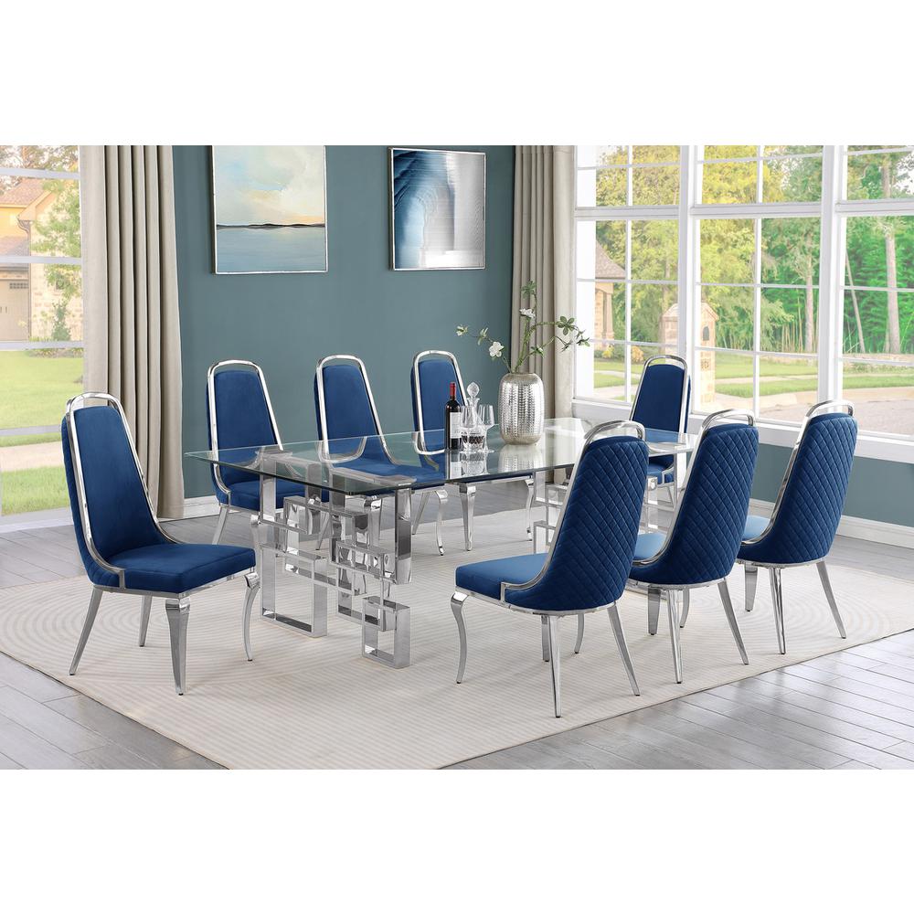 9-piece glam dining set with 8 Navy blue chairs and one 95" glass dining table. Picture 4