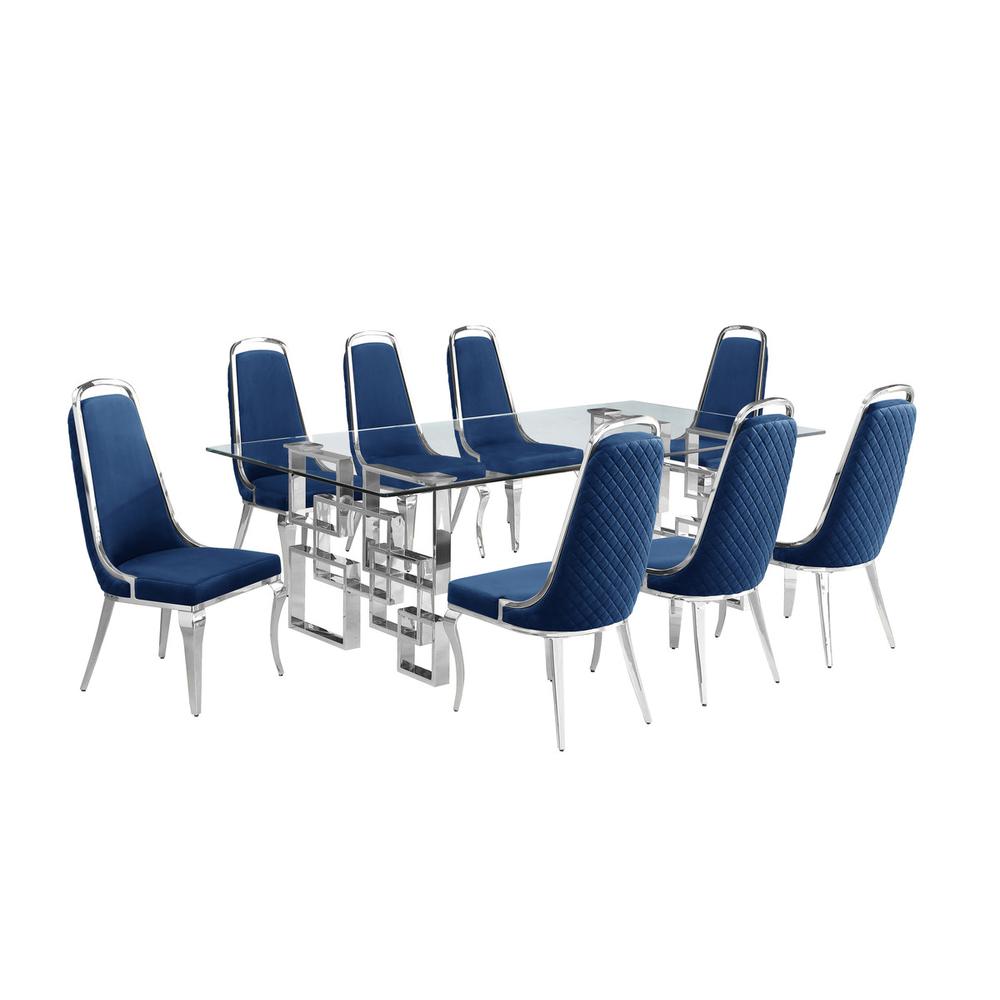 9-piece glam dining set with 8 Navy blue chairs and one 95" glass dining table. Picture 1
