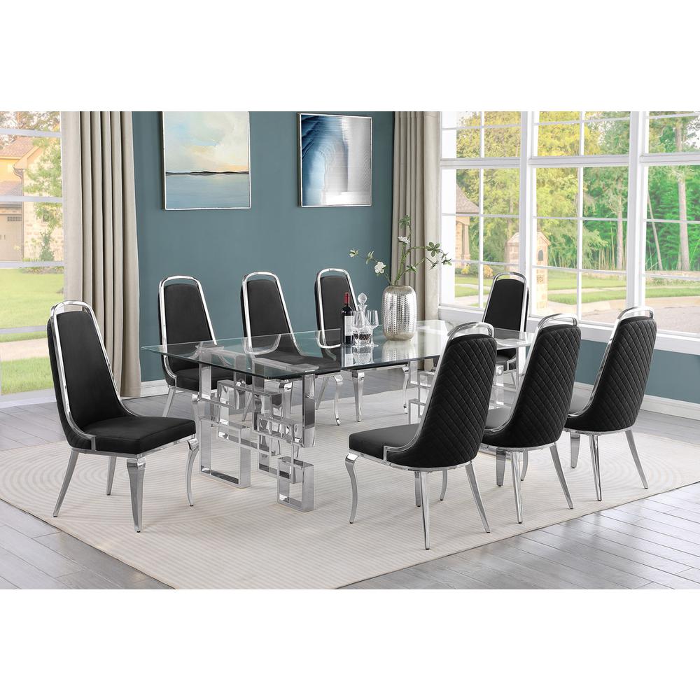9-piece glam dining set with 8 Black side chairs and one 95" glass dining table. Picture 4