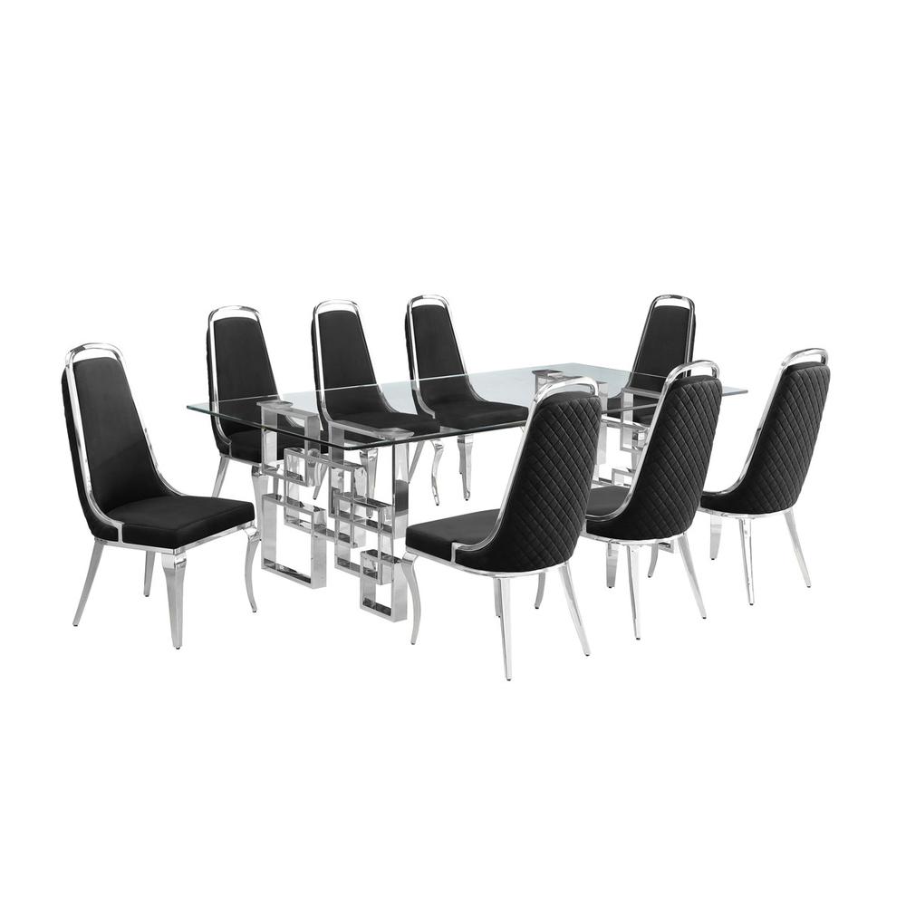 9-piece glam dining set with 8 Black side chairs and one 95" glass dining table. Picture 1