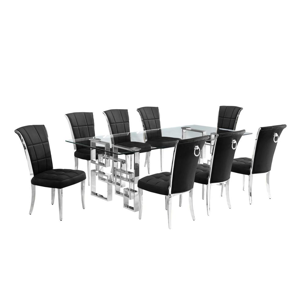 9-piece glam dining set with 8 black chairs and l 95" long glass  table. Picture 1