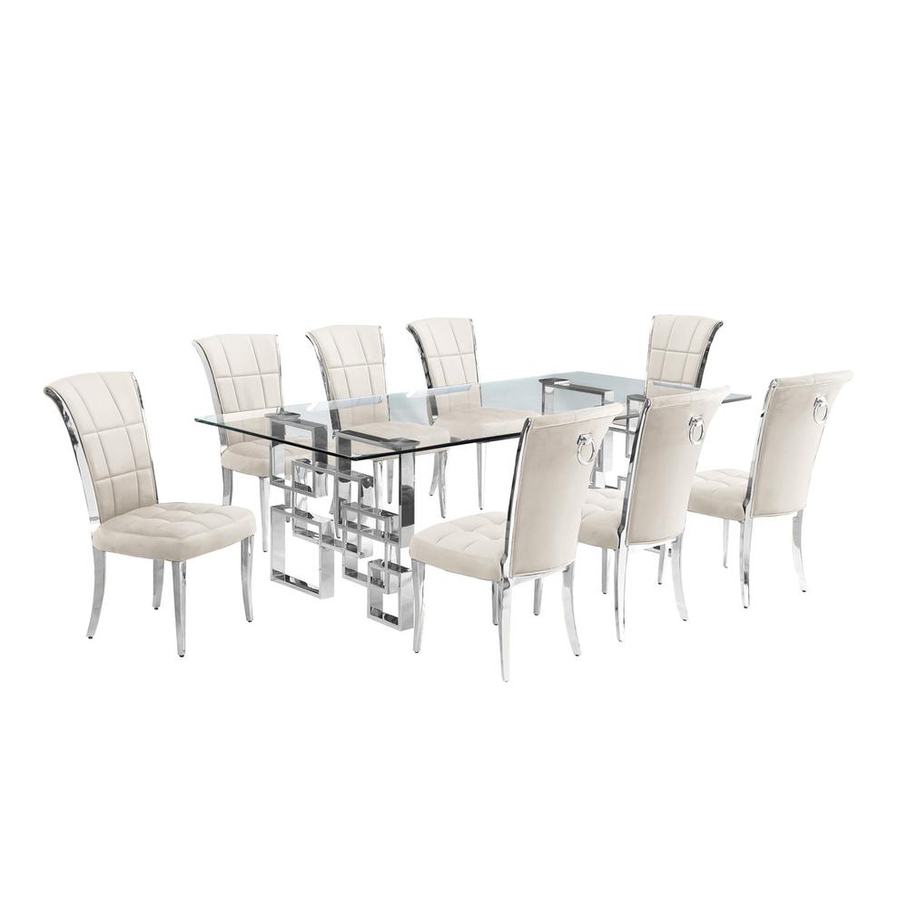 9-piece glam dining set with 8 cream chairs and r 95" long glass  table. Picture 1