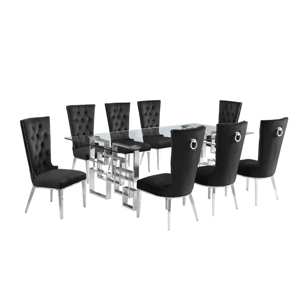 9-piece glam dining set with 8 black chairs and a 95" long glass  table. Picture 1