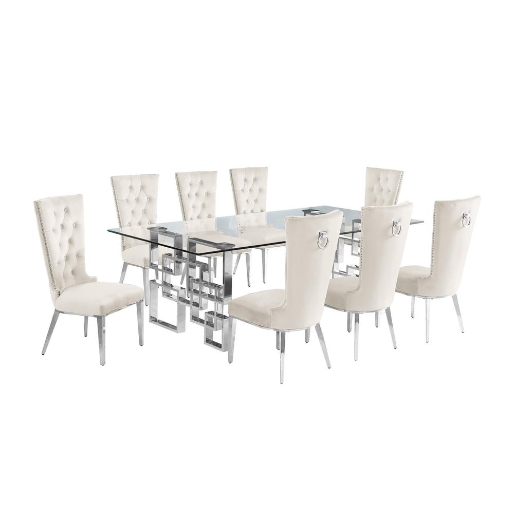 9-piece glam dining set with 8 cream chairs and a 95" long glass  table. Picture 1