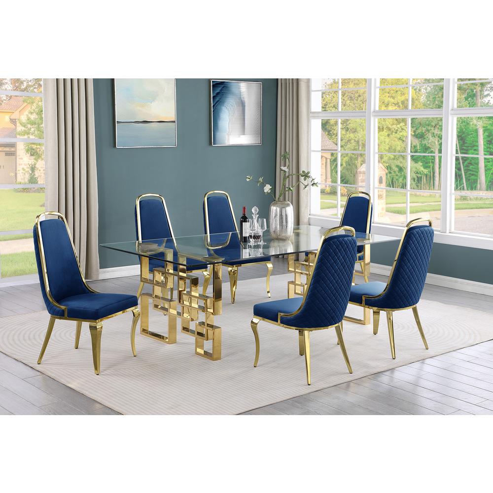 7-piece glam dining set with 6 Navy blue chairs and one 95" glass dining table. Picture 4