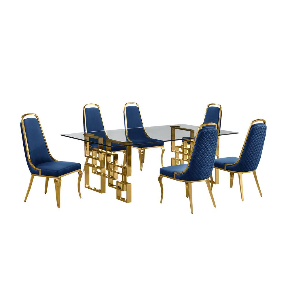 7-piece glam dining set with 6 Navy blue chairs and one 95" glass dining table. Picture 1