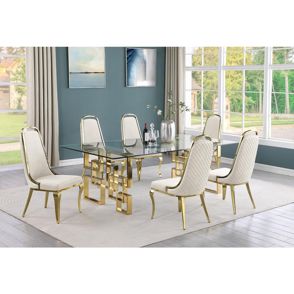 7-piece glam dining set with 6 Cream side chairs and one 95" glass dining table. Picture 4