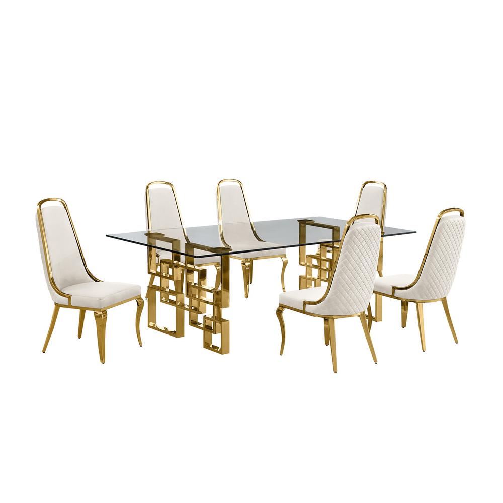 7-piece glam dining set with 6 Cream side chairs and one 95" glass dining table. Picture 1