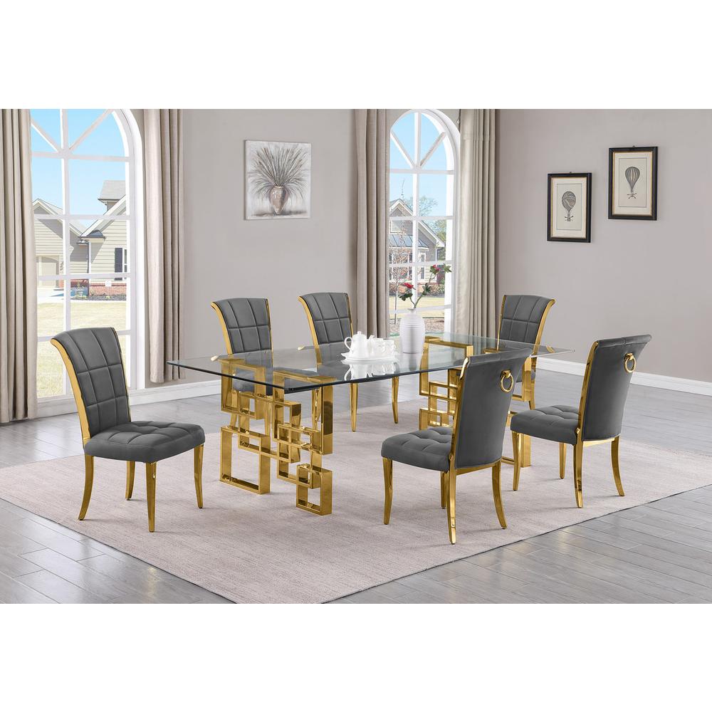7-piece glam dining set with 6 dark grey chairs and a 95"  long glass  table. Picture 4
