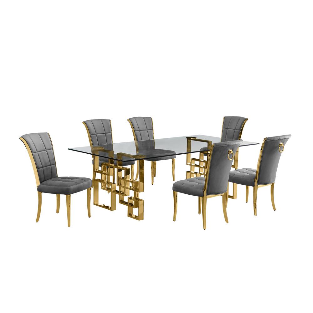 7-piece glam dining set with 6 dark grey chairs and a 95"  long glass  table. Picture 1