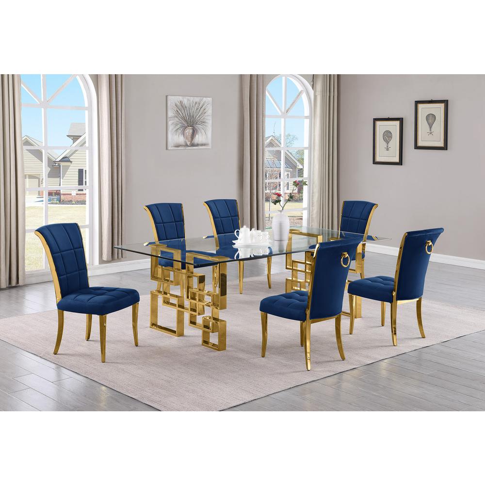 7-piece glam dining set with 6 navy blue chairs and a 95"  long glass  table. Picture 4