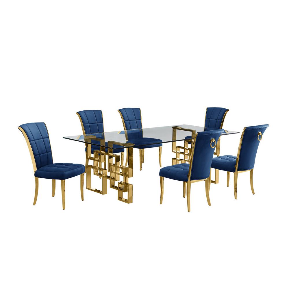 7-piece glam dining set with 6 navy blue chairs and a 95"  long glass  table. Picture 1