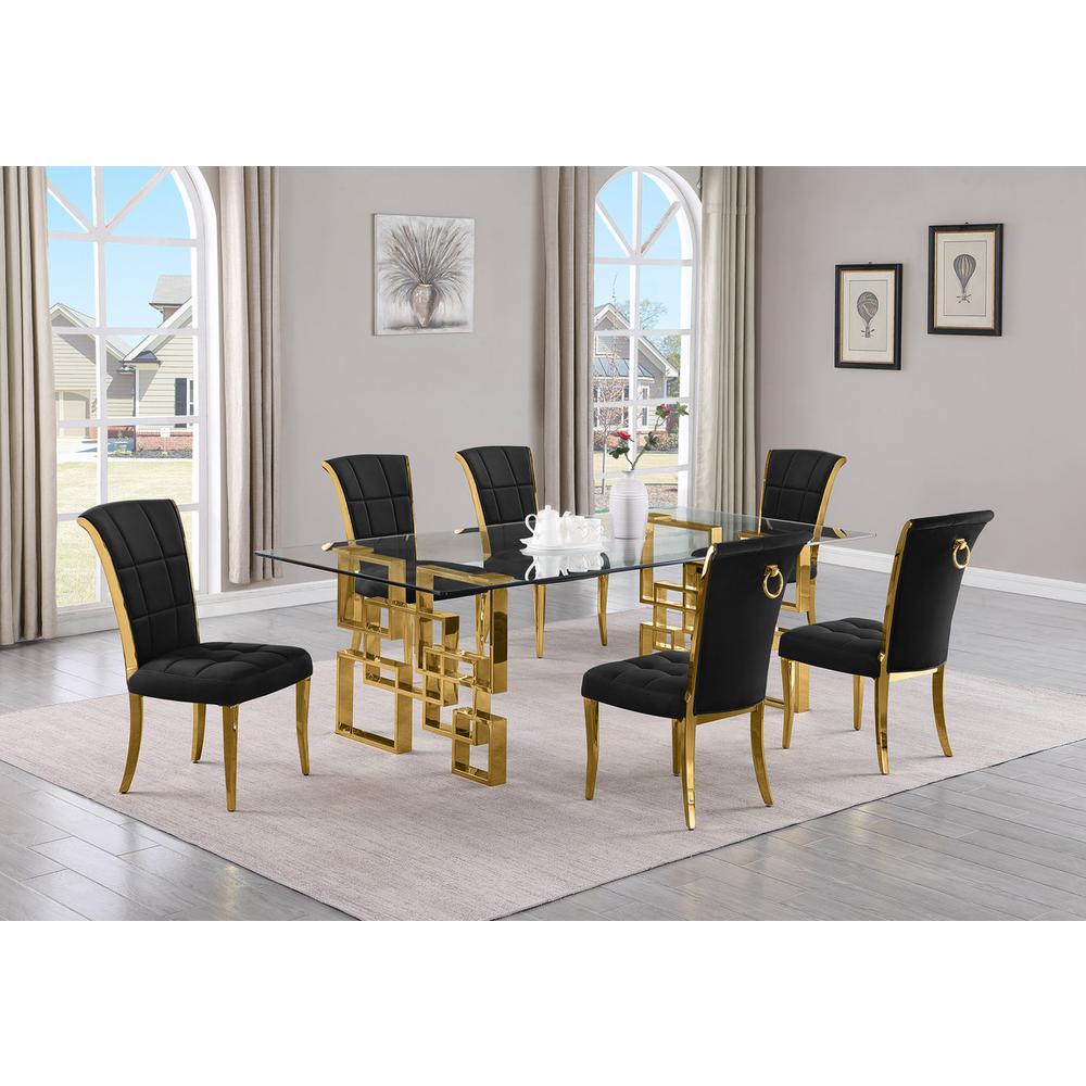 7-piece glam dining set with 6 black chairs and a 95" long glass  table. Picture 4