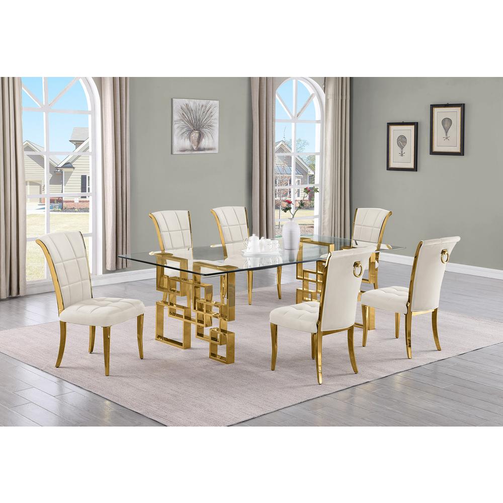 7-piece glam dining set with 6 cream side chair and a 95"long glass  table. Picture 4