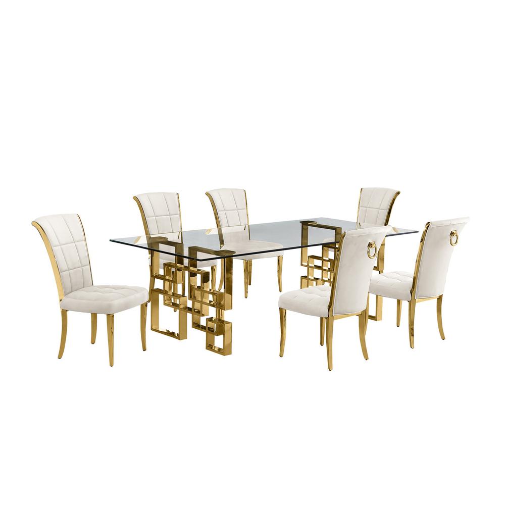 7-piece glam dining set with 6 cream side chair and a 95"long glass  table. Picture 1