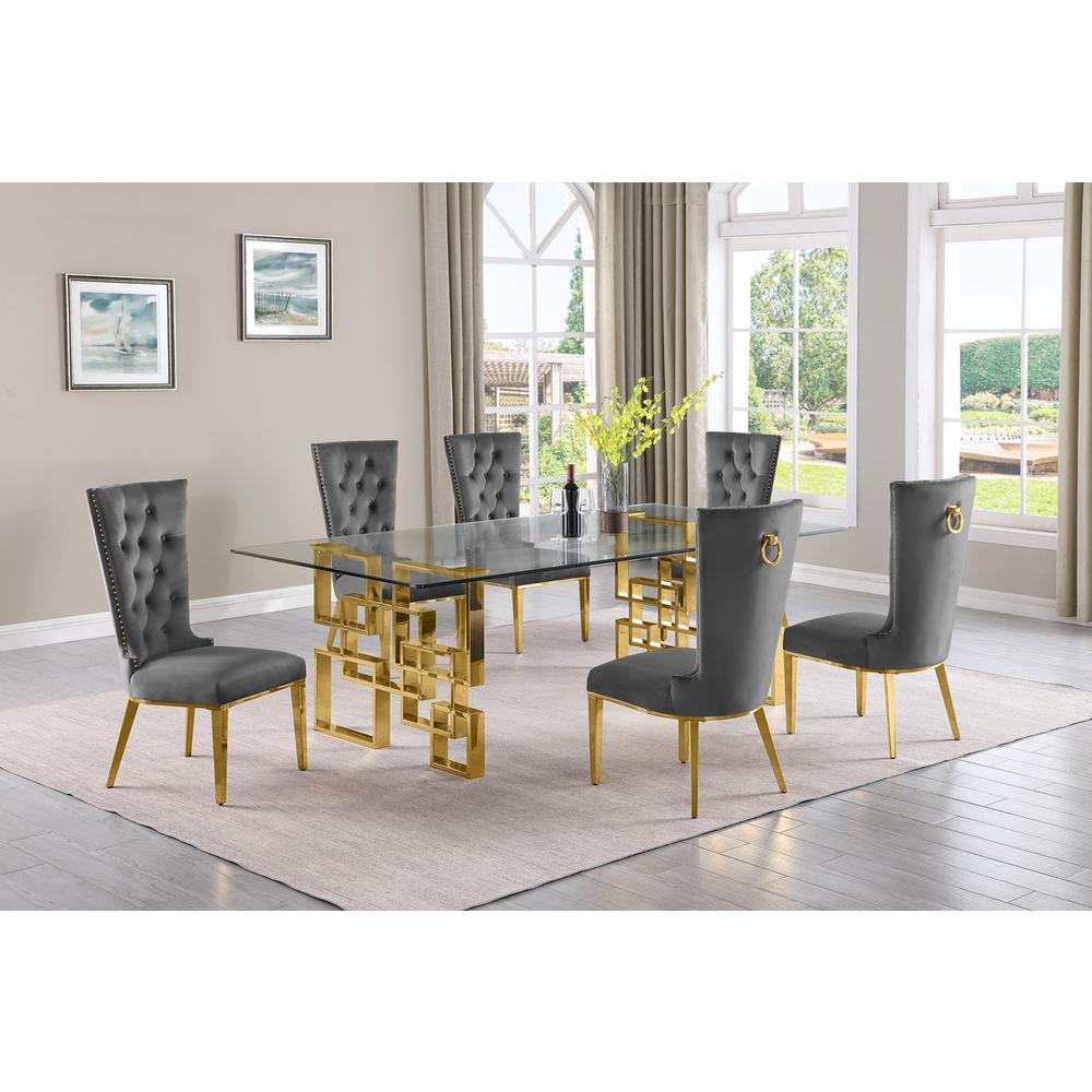 7-piece glam dining set with 6 dark grey chairs and a 95" long glass  table. Picture 4