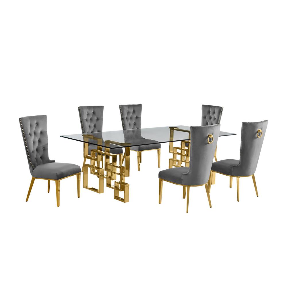 7-piece glam dining set with 6 dark grey chairs and a 95" long glass  table. Picture 1