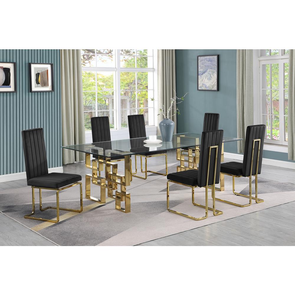 7-piece glam dining set with 6 Black chairs and one 95" glass  table. Picture 4