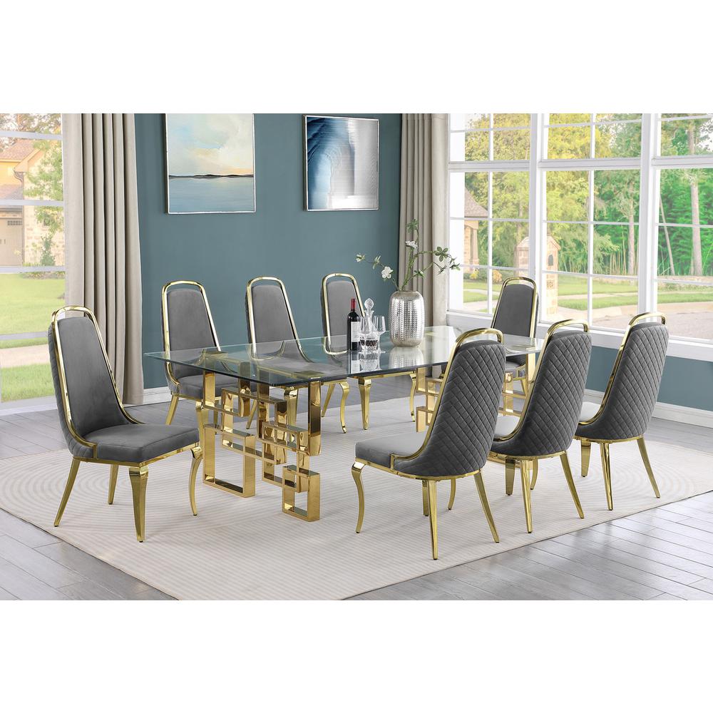 9-piece glam dining set with 8 Dark grey chairs and one 95"  glass dining table. Picture 4